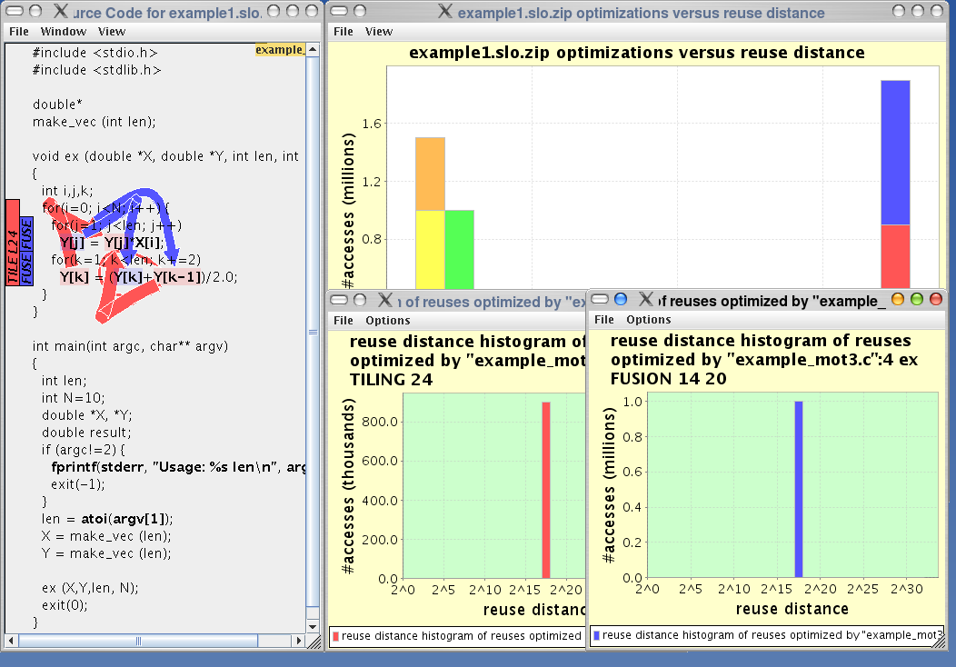 Screenshot of SLO's two basic windows for example1.slo.zip , after the red and the blue optimization is clicked with the mouse.